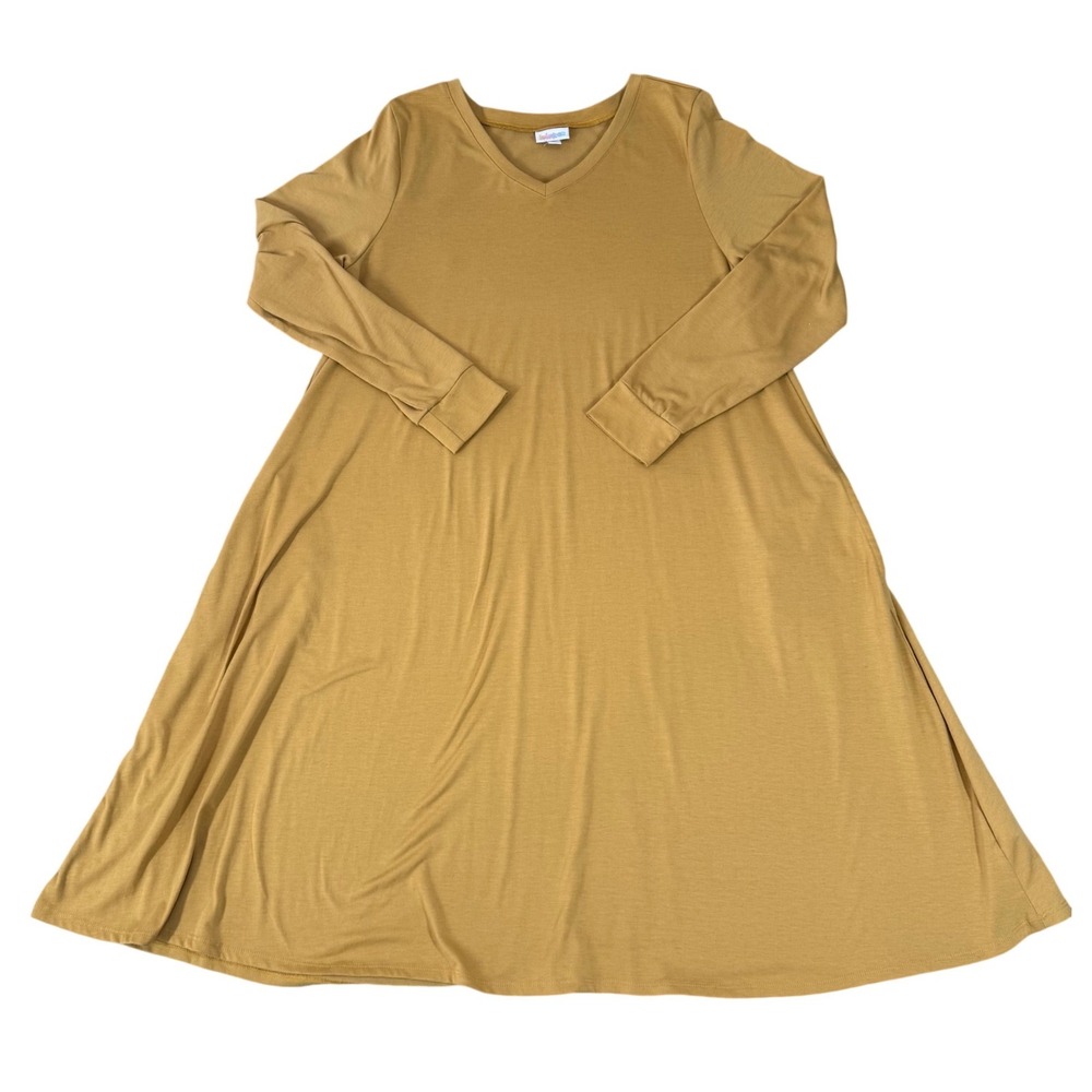LuLaRoe Maxi Dress Womens M Mustard Yellow Long Sleeve V-Neck Pockets Swing